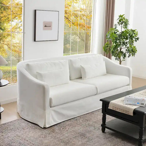 3-Seater Linen Slipcovered Sofa with 4 Pillows and Skirt, 90W