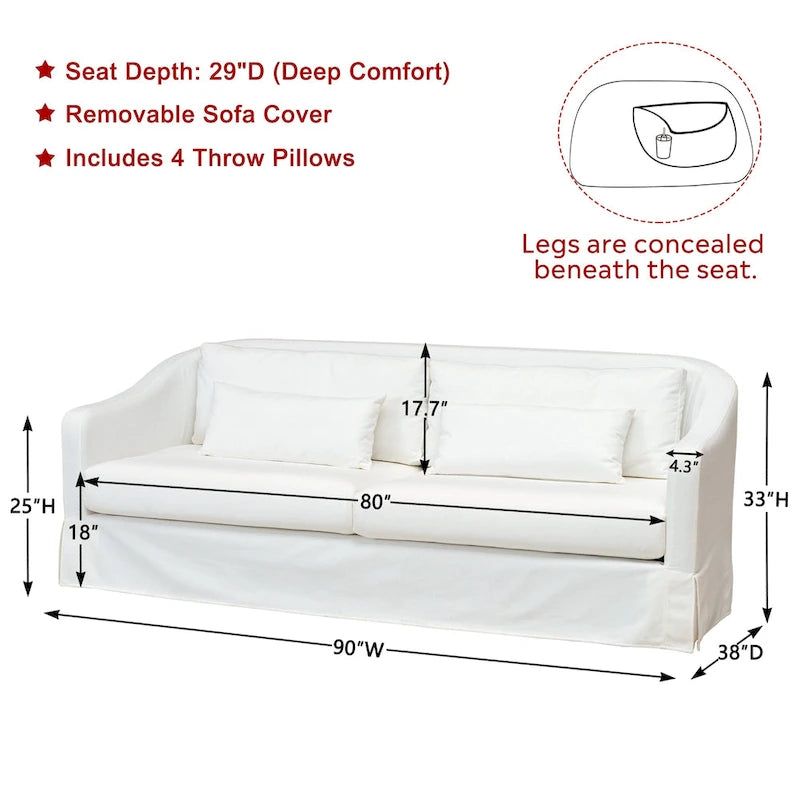 Canapé 3 places déhoussable en lin avec 4 coussins et jupe, 90L