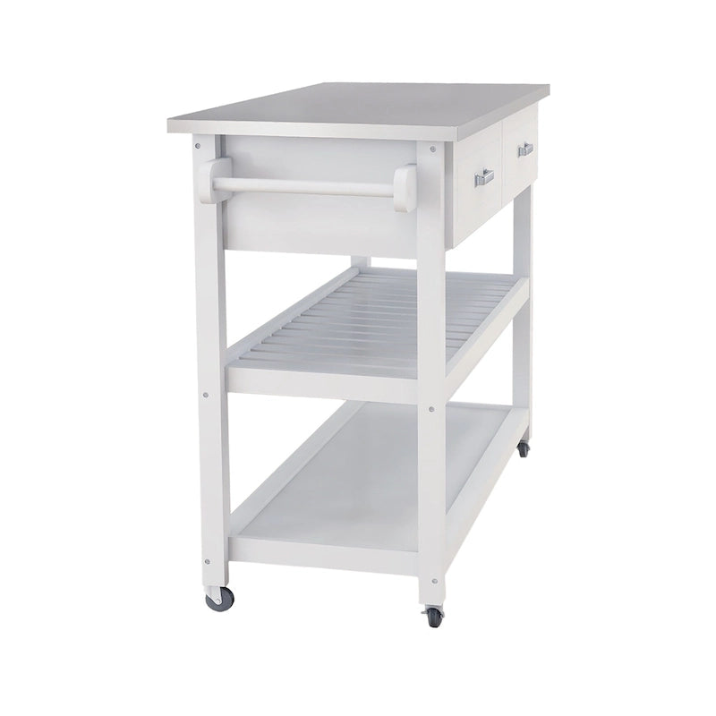 Chariot de cuisine blanc en acier inoxydable avec deux tiroirs (tabouret non inclus)