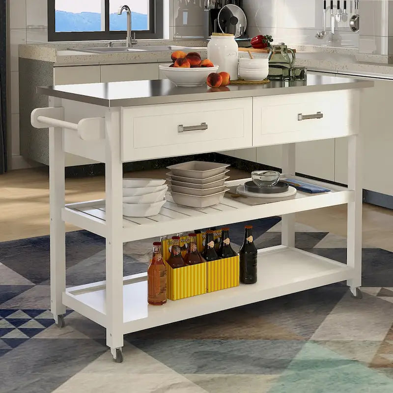 Chariot de cuisine blanc en acier inoxydable avec deux tiroirs (tabouret non inclus)
