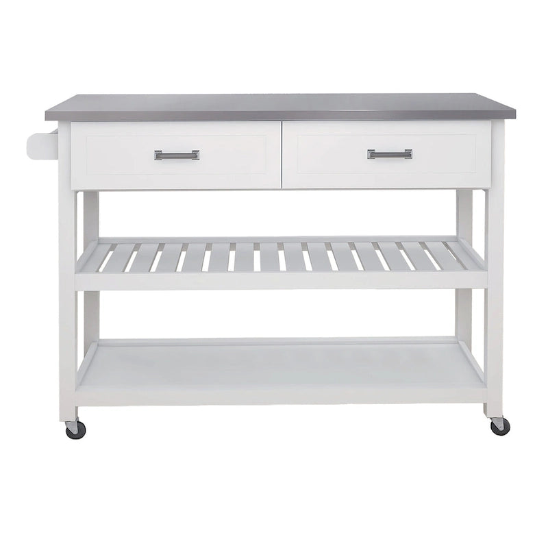 Chariot de cuisine blanc en acier inoxydable avec deux tiroirs (tabouret non inclus)