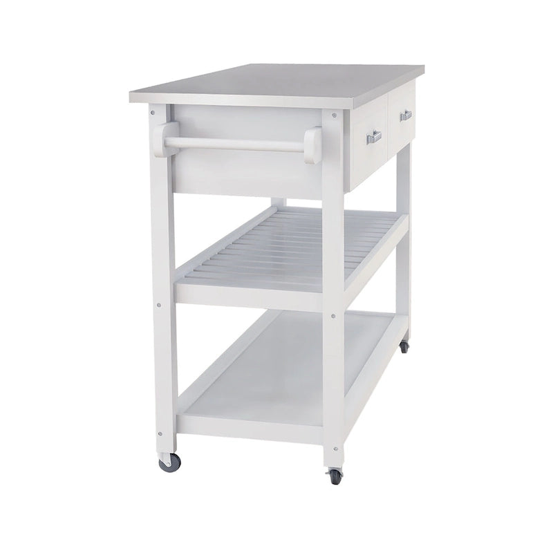 Chariot de cuisine blanc en acier inoxydable avec deux tiroirs (tabouret non inclus)