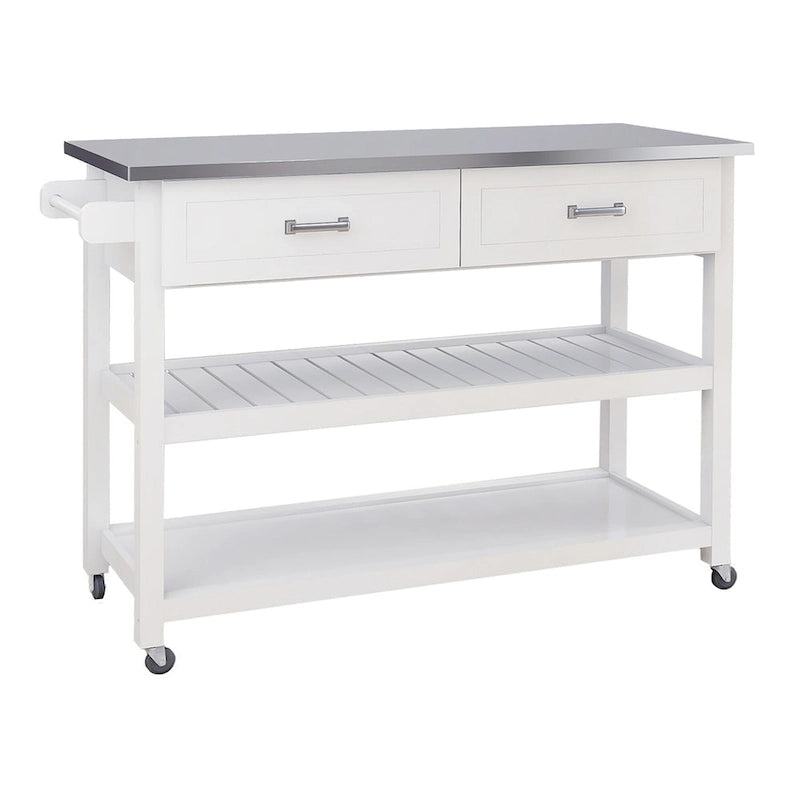Chariot de cuisine blanc en acier inoxydable avec deux tiroirs (tabouret non inclus)