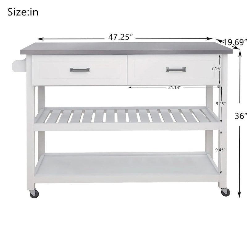 Chariot de cuisine blanc en acier inoxydable avec deux tiroirs (tabouret non inclus)