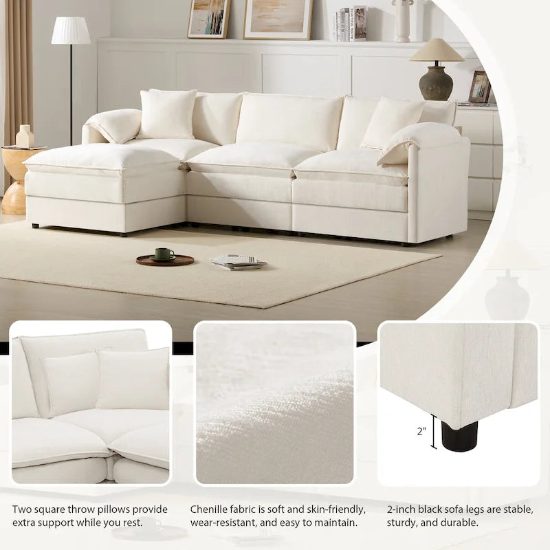 103,5 Canapé d'angle en chenille avec canapé nuage en L à 4 places, pouf et coussins à ressorts ensachés (capacité de 150 kg)