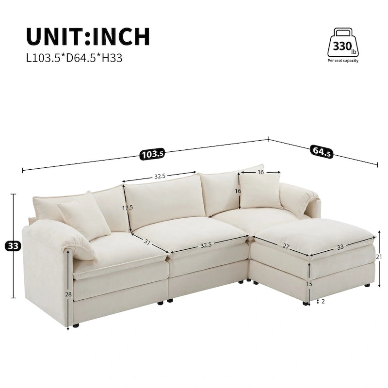 103,5 Canapé d'angle en chenille avec canapé nuage en L à 4 places, pouf et coussins à ressorts ensachés (capacité de 150 kg)