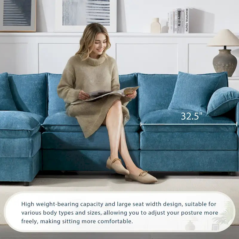 103,5 Canapé d'angle en chenille avec canapé nuage en L à 4 places, pouf et coussins à ressorts ensachés (capacité de 150 kg)