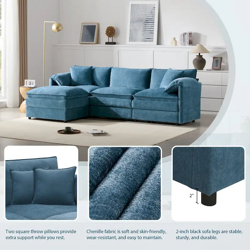 103,5 Canapé d'angle en chenille avec canapé nuage en L à 4 places, pouf et coussins à ressorts ensachés (capacité de 150 kg)