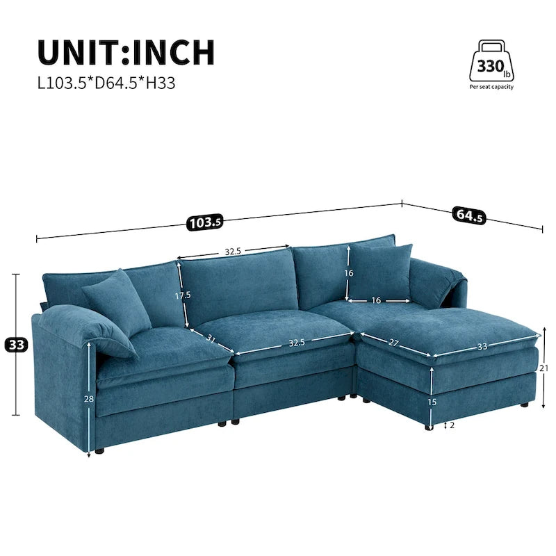 103,5 Canapé d'angle en chenille avec canapé nuage en L à 4 places, pouf et coussins à ressorts ensachés (capacité de 150 kg)