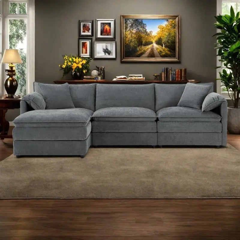 103,5 Canapé d'angle en chenille avec canapé nuage en L à 4 places, pouf et coussins à ressorts ensachés (capacité de 150 kg)