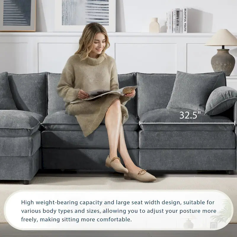 103,5 Canapé d'angle en chenille avec canapé nuage en L à 4 places, pouf et coussins à ressorts ensachés (capacité de 150 kg)