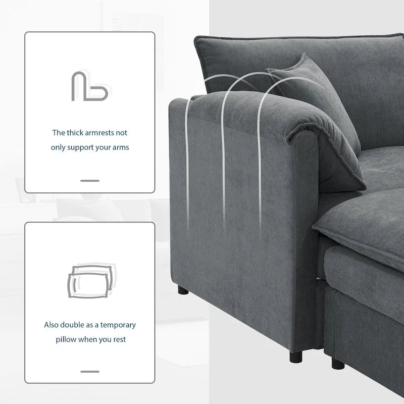 103,5 Canapé d'angle en chenille avec canapé nuage en L à 4 places, pouf et coussins à ressorts ensachés (capacité de 150 kg)