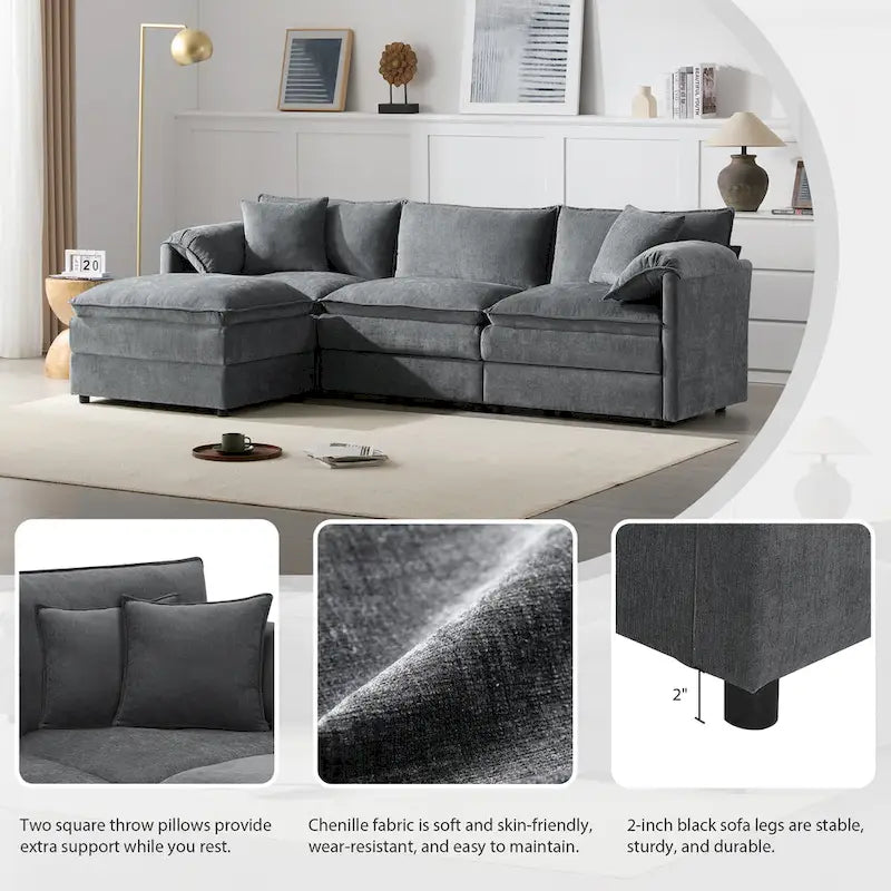 103,5 Canapé d'angle en chenille avec canapé nuage en L à 4 places, pouf et coussins à ressorts ensachés (capacité de 150 kg)