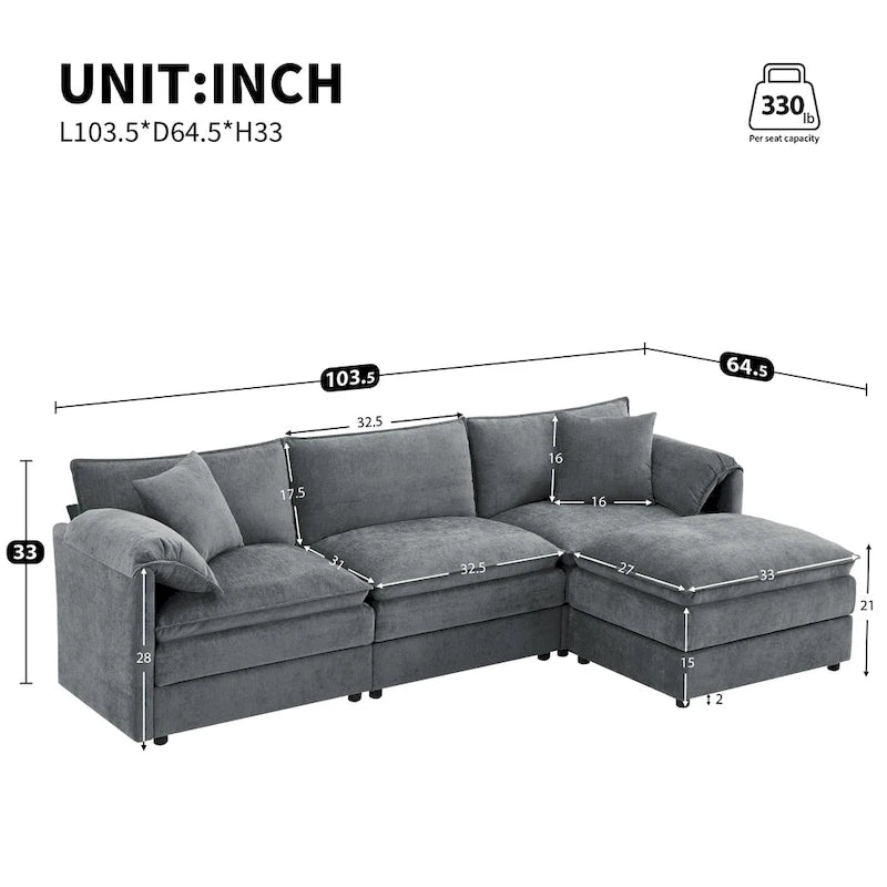 103,5 Canapé d'angle en chenille avec canapé nuage en L à 4 places, pouf et coussins à ressorts ensachés (capacité de 150 kg)