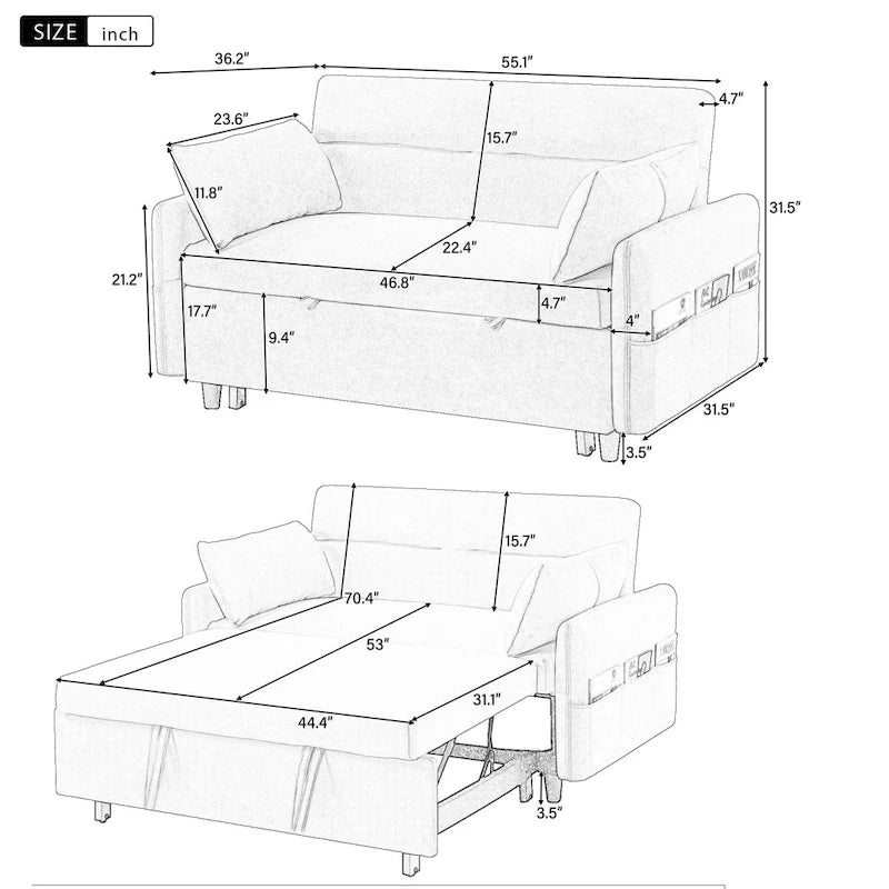 Canapé-lit convertible avec dossier réglable, poches de rangement et 2 oreillers moelleux