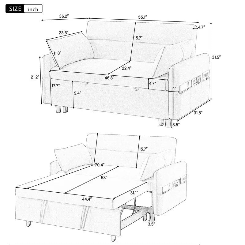 Canapé-lit convertible avec dossier réglable, poches de rangement et 2 oreillers moelleux