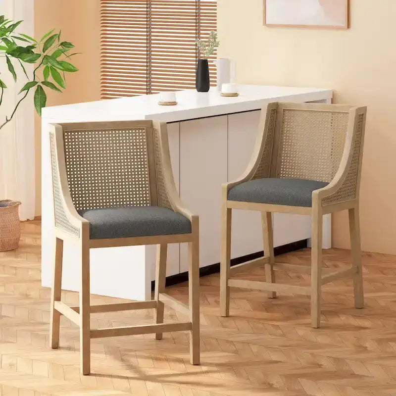Tabourets de comptoir en bois et rotin rembourrés de tissu de 65 cm (Lot de 2)