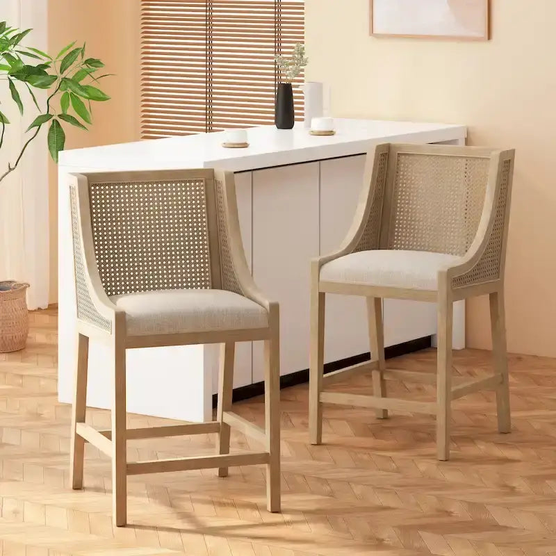 Tabourets de comptoir en bois et rotin rembourrés de tissu de 65 cm (Lot de 2)