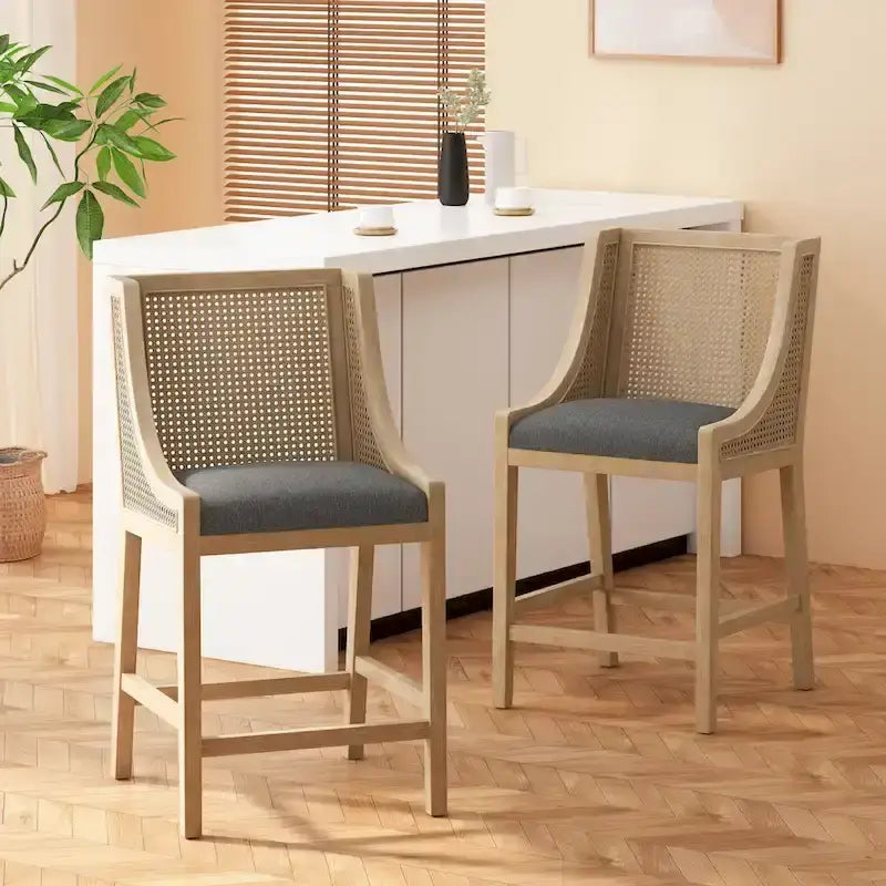 Tabourets de comptoir en bois et rotin rembourrés de tissu de 65 cm (Lot de 2)