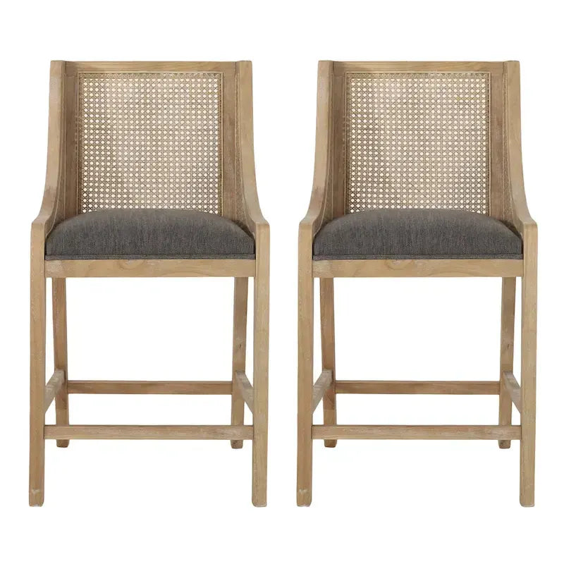 Tabourets de comptoir en bois et rotin rembourrés de tissu de 65 cm (Lot de 2)
