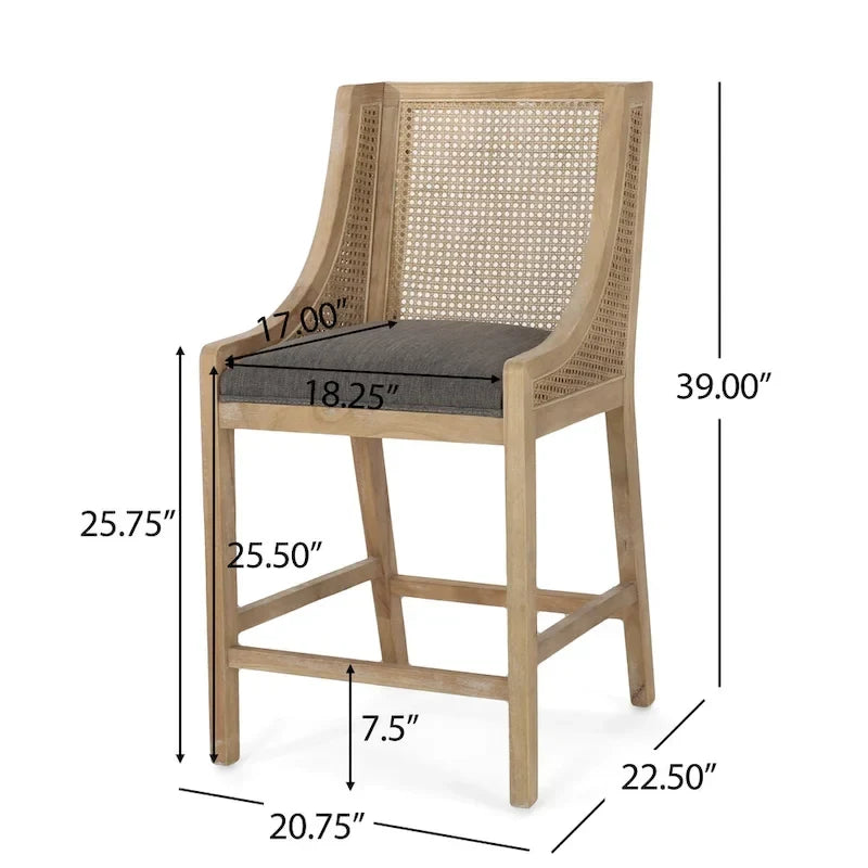 Tabourets de comptoir en bois et rotin rembourrés de tissu de 65 cm (Lot de 2)