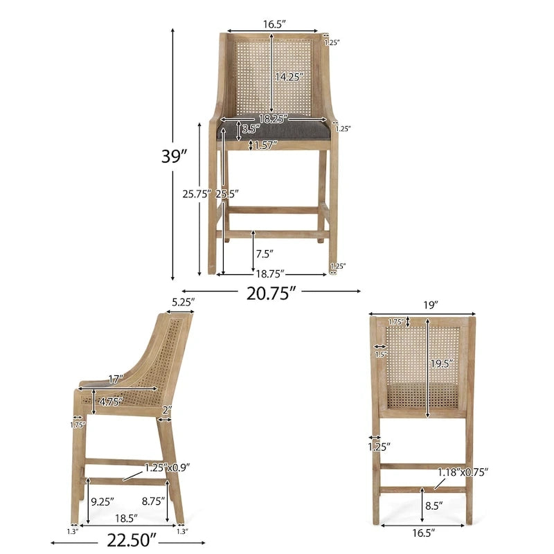 Tabourets de comptoir en bois et rotin rembourrés de tissu de 65 cm (Lot de 2)