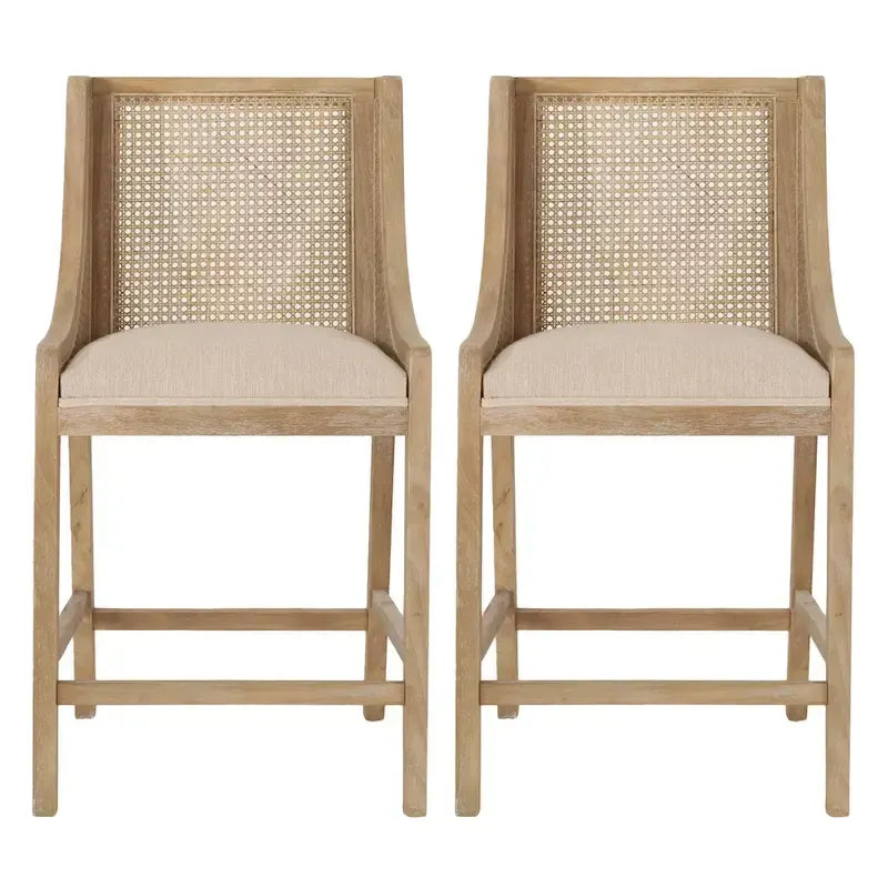 Tabourets de comptoir en bois et rotin rembourrés de tissu de 65 cm (Lot de 2)