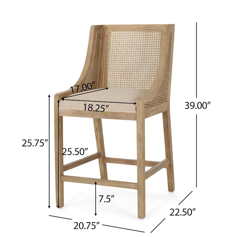 Tabourets de comptoir en bois et rotin rembourrés de tissu de 65 cm (Lot de 2)