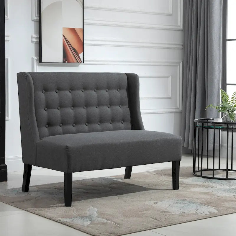Canapé double en tissu de lin, causeuse capitonnée sans accoudoirs, meubles de salon avec pieds en bois - 28.75*43.25*36.5