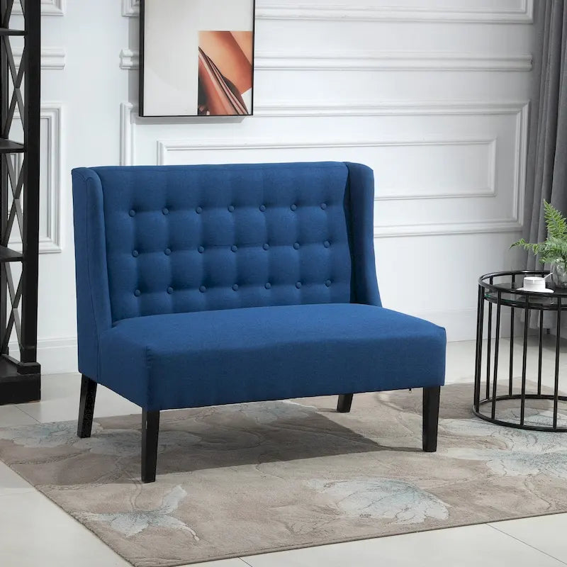 Canapé double en tissu de lin, causeuse capitonnée sans accoudoirs, meubles de salon avec pieds en bois - 28.75*43.25*36.5