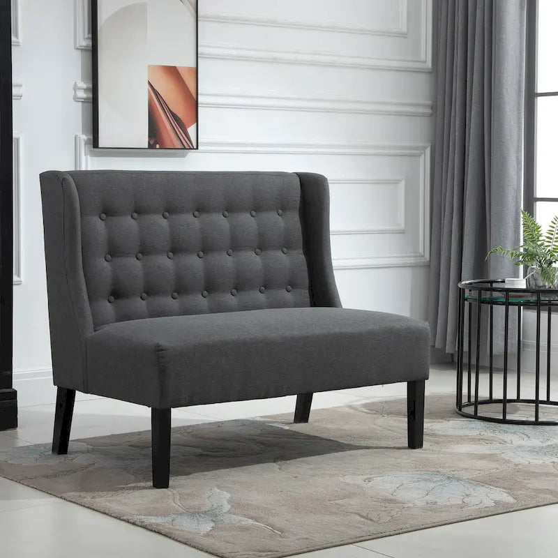 Canapé double en tissu de lin, causeuse capitonnée sans accoudoirs, meubles de salon avec pieds en bois - 28.75*43.25*36.5