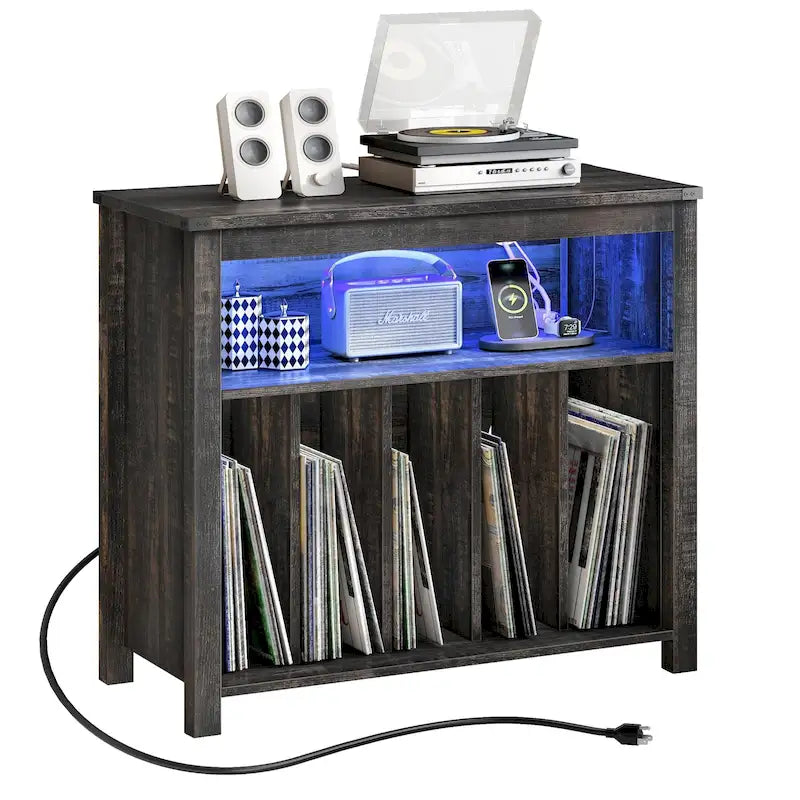 Grand meuble pour platine vinyle avec prises de courant et lumières LED Meuble de rangement pour platine vinyle