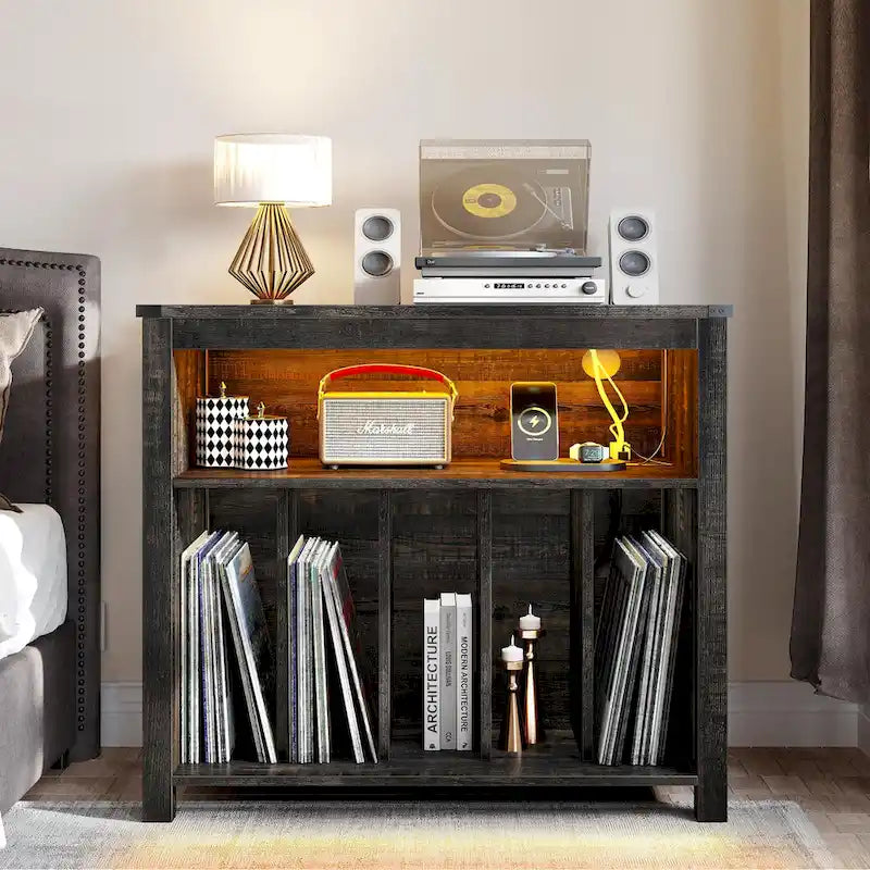 Grand meuble pour platine vinyle avec prises de courant et lumières LED Meuble de rangement pour platine vinyle