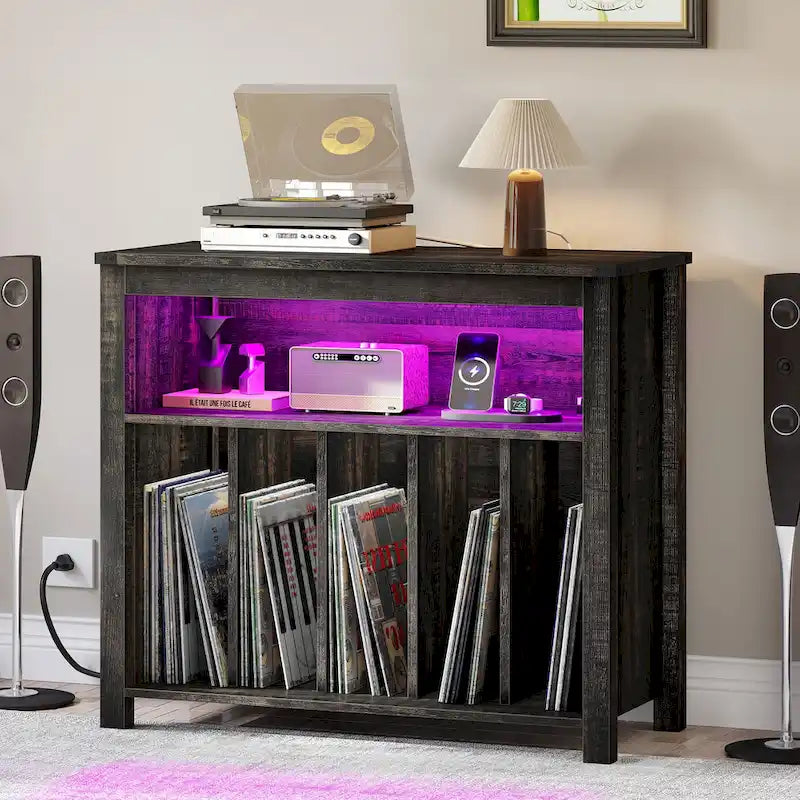 Grand meuble pour platine vinyle avec prises de courant et lumières LED Meuble de rangement pour platine vinyle