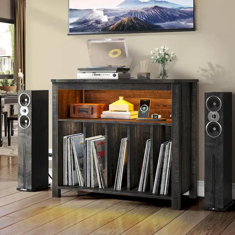 Grand meuble pour platine vinyle avec prises de courant et lumières LED Meuble de rangement pour platine vinyle
