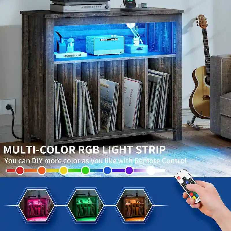 Grand meuble pour platine vinyle avec prises de courant et lumières LED Meuble de rangement pour platine vinyle