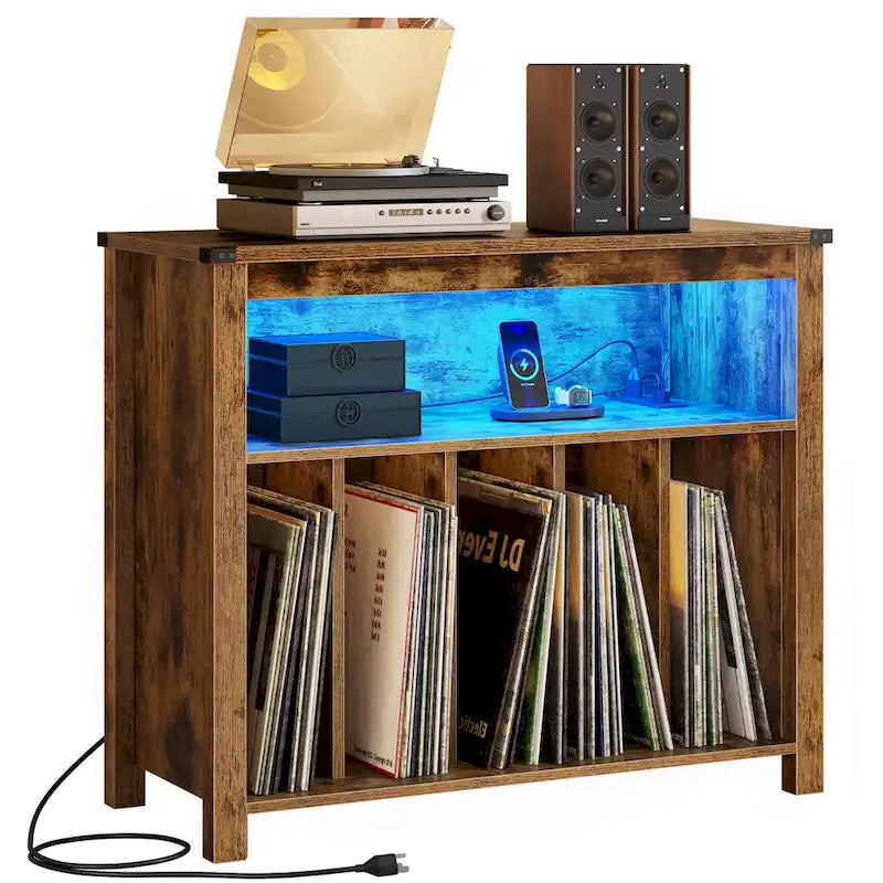 Grand meuble pour platine vinyle avec prises de courant et lumières LED Meuble de rangement pour platine vinyle