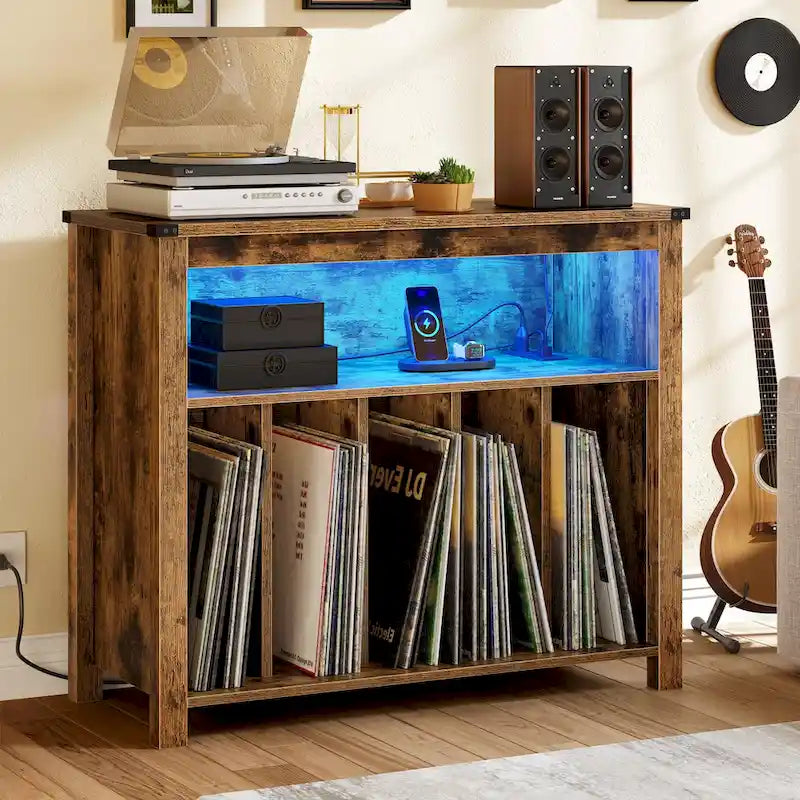 Grand meuble pour platine vinyle avec prises de courant et lumières LED Meuble de rangement pour platine vinyle