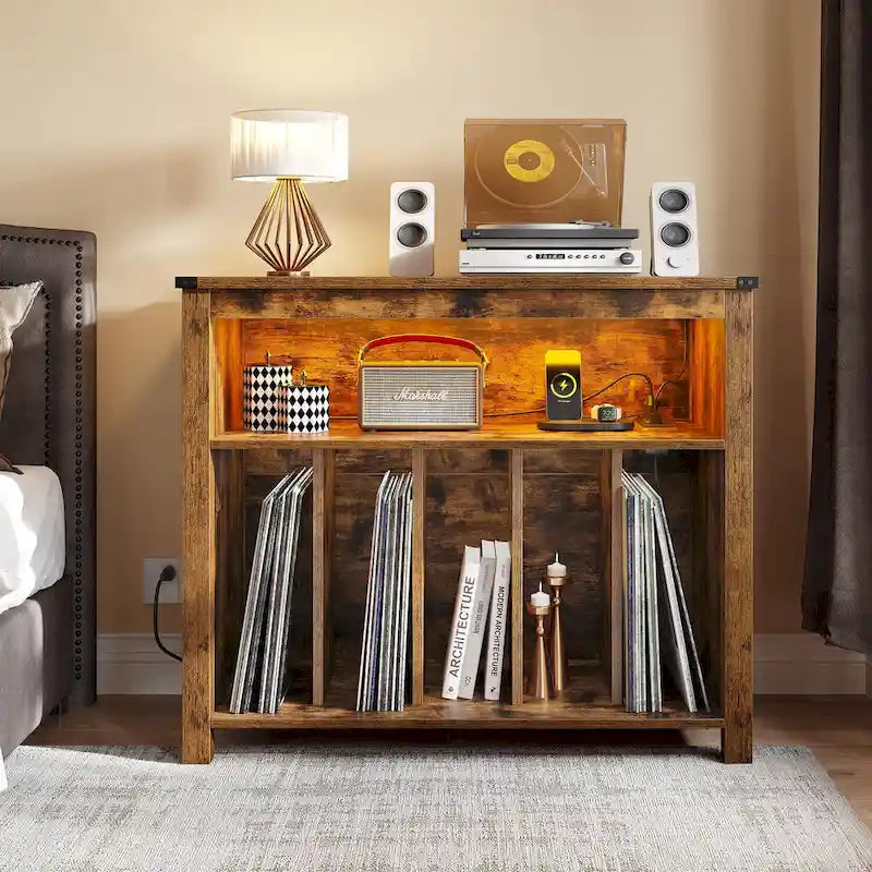 Grand meuble pour platine vinyle avec prises de courant et lumières LED Meuble de rangement pour platine vinyle