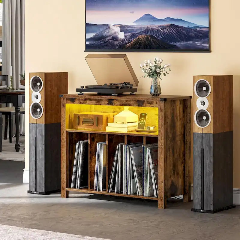Grand meuble pour platine vinyle avec prises de courant et lumières LED Meuble de rangement pour platine vinyle