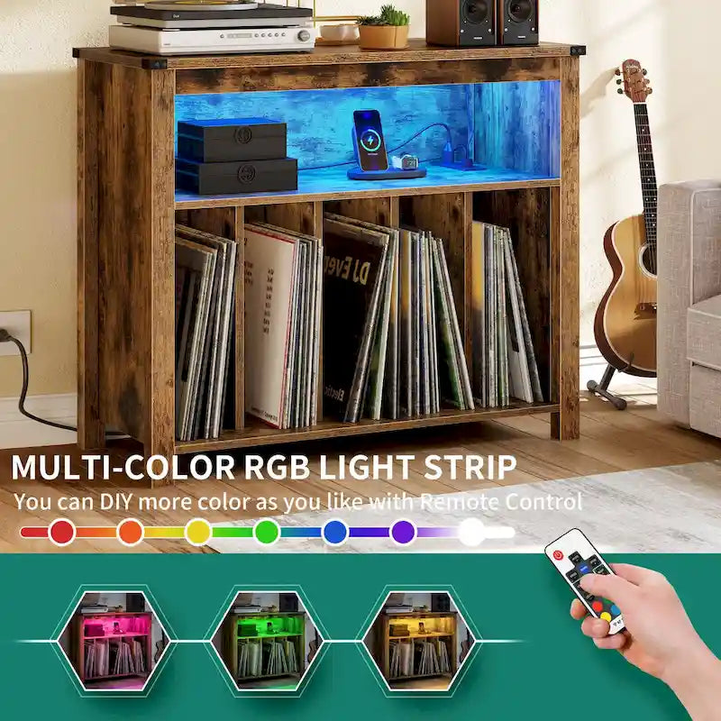 Grand meuble pour platine vinyle avec prises de courant et lumières LED Meuble de rangement pour platine vinyle