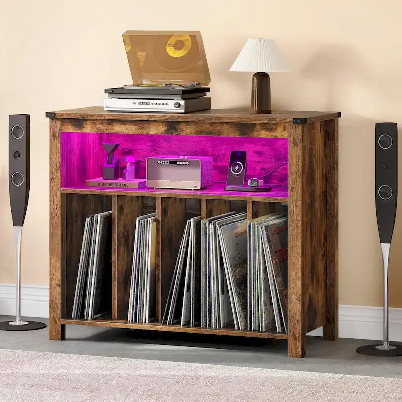 Grand meuble pour platine vinyle avec prises de courant et lumières LED Meuble de rangement pour platine vinyle