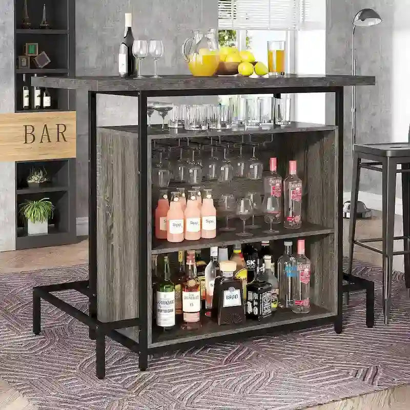 Meuble Bar Maison, Table de Bar 3 Étages avec Porte-Verres et Rangement pour Vin