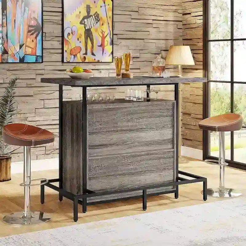 Meuble Bar Maison, Table de Bar 3 Étages avec Porte-Verres et Rangement pour Vin