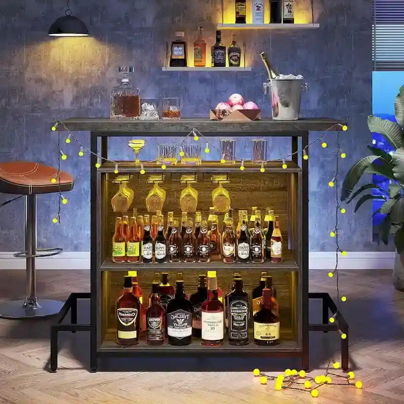 Meuble Bar Maison, Table de Bar 3 Étages avec Porte-Verres et Rangement pour Vin