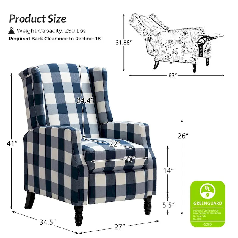 Fauteuil inclinable manuel "push-back" de style Mid-Century Modern avec dossier à oreilles