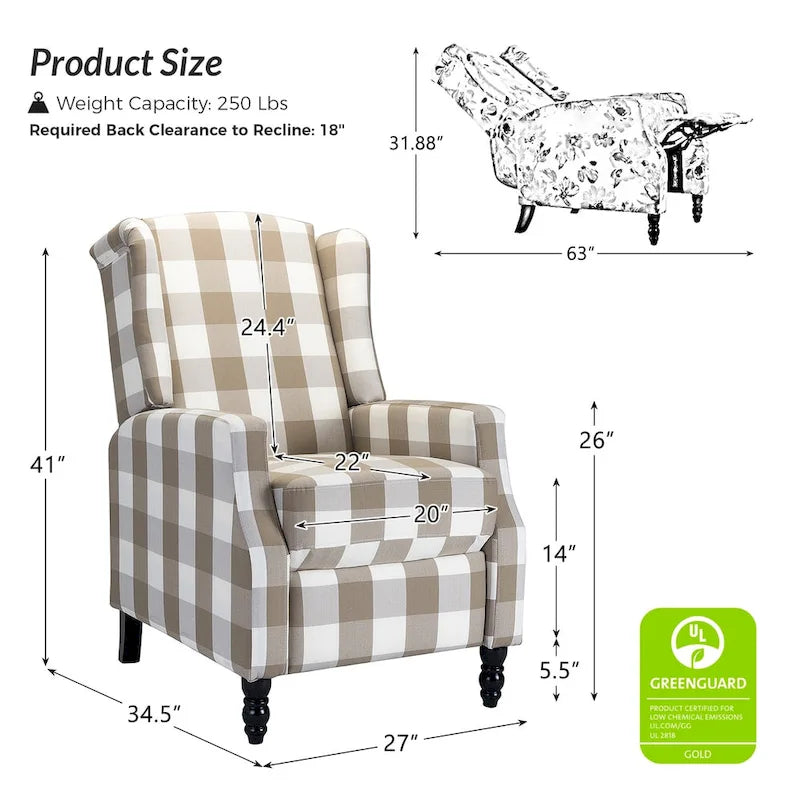 Fauteuil inclinable manuel "push-back" de style Mid-Century Modern avec dossier à oreilles