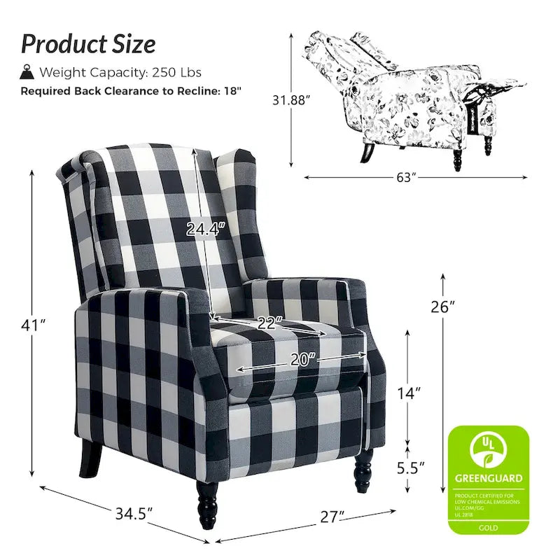 Fauteuil inclinable manuel "push-back" de style Mid-Century Modern avec dossier à oreilles