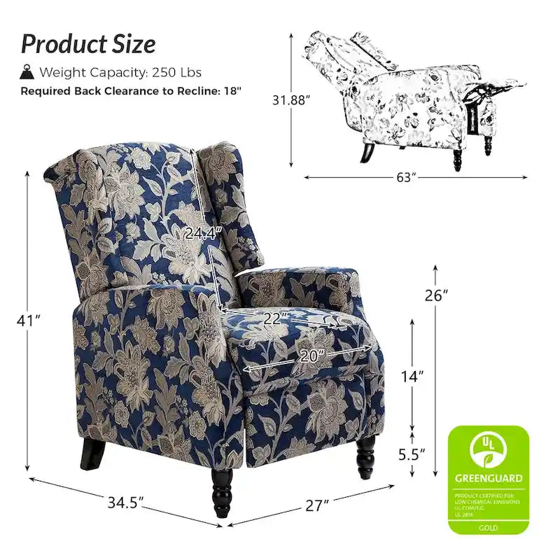 Fauteuil inclinable manuel "push-back" de style Mid-Century Modern avec dossier à oreilles