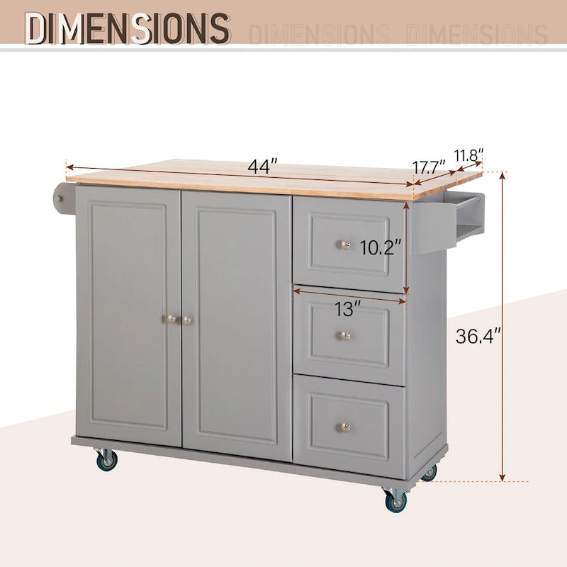 Dessert de cuisine avec abattant et plateau en bois d'hévéa, chariot de cuisine roulant avec grand placard de rangement